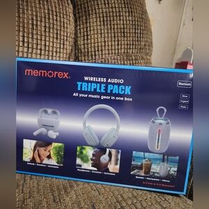 Memorex Wireless Audio Triple Pack Earbuds Headphones Bluetooth Speaker Silver